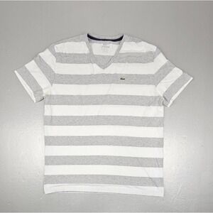 Lacoste T-Shirt Mens XL Size 7 Gray Short Sleeve Striped V-Neck Casual Preppy